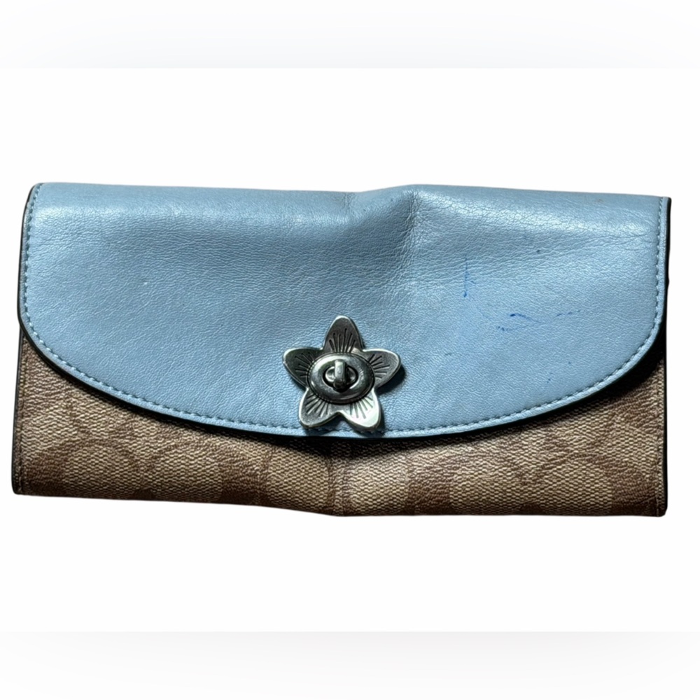 Coach leather blue/brown signature flap flower turn lock wallet